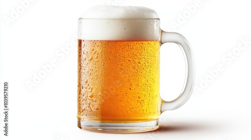 Frosted mug of light beer with a foamy top, condensation visible, isolated on white background