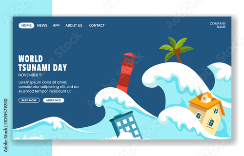 Flat Cartoon Tsunami Day Social Media Landing Page Template for Global Awareness