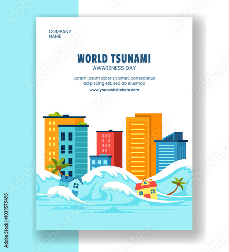 Tsunami Day Awareness Poster Flat Cartoon Design for Social Media Illustration