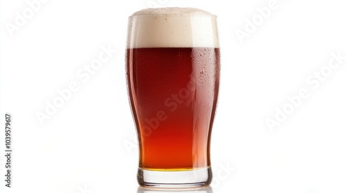 Full pint glass of amber ale with a frothy head, isolated on white background