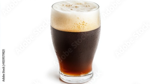 Glass of dark beer with a rich, foamy head, smooth and frothy, isolated on white background