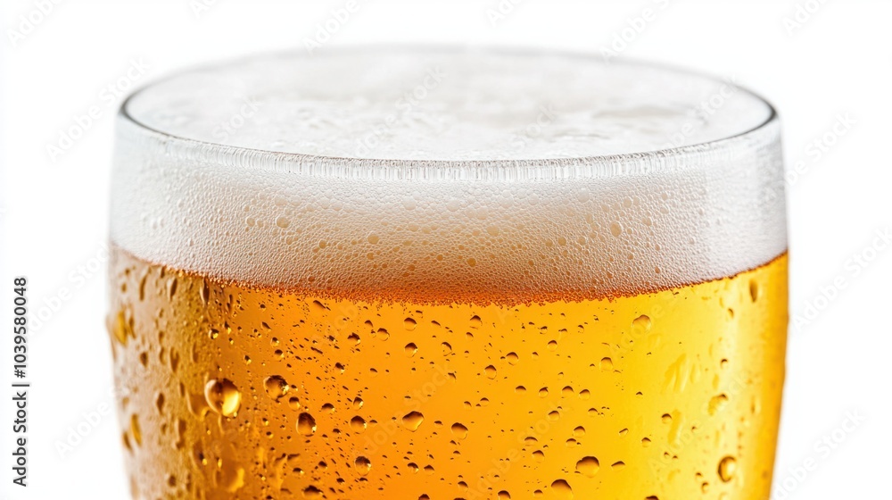 Glass of light beer with thick, frothy foam head, condensation droplets visible, isolated on white background Glass of light beer with thick, frothy foam head, condensation droplets visible, isolated on white background