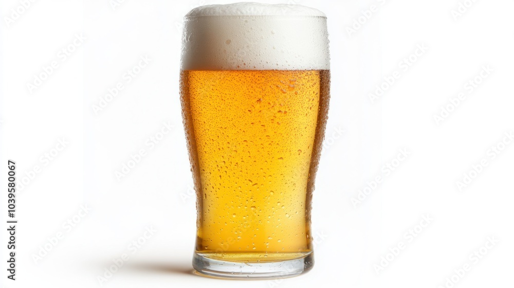 Glass of light beer with thick, frothy foam head, condensation droplets visible, isolated on white background Glass of light beer with thick, frothy foam head, condensation droplets visible, isolated on white background