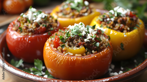 An inviting dish of Gemista, oven-baked bell peppers and tomatoes stuffed with a flavorful mixture of rice, herbs, and minced meat, topped with a sprinkle of feta cheese photo