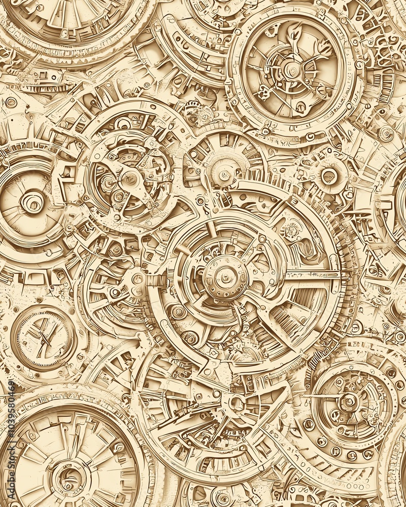 Obraz premium Intriguing steampunk mechanism seamless pattern, gears and clockwork in sepia tones