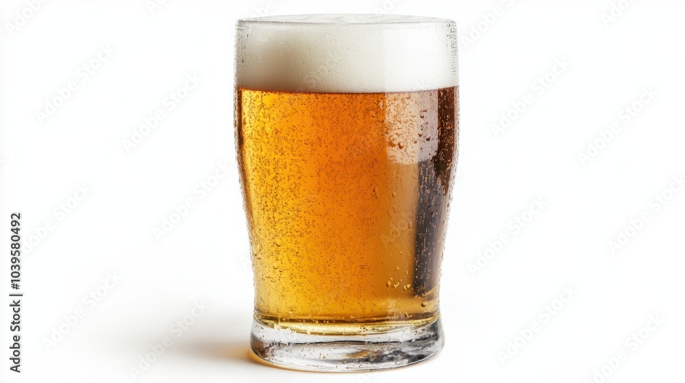 Half-full glass of lager beer with foam clinging to the sides, isolated on white background Half-full glass of lager beer with foam clinging to the sides, isolated on white background