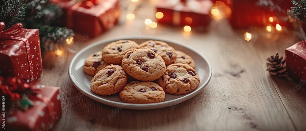 Obraz premium A plate with delicious and beautiful cookies stands on a wooden table with New Year's toys and gifts, Christmas atmosphere and pine branches