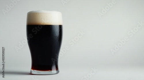 Pint of dark beer with a creamy, frothy head, rich brown color, isolated on white background