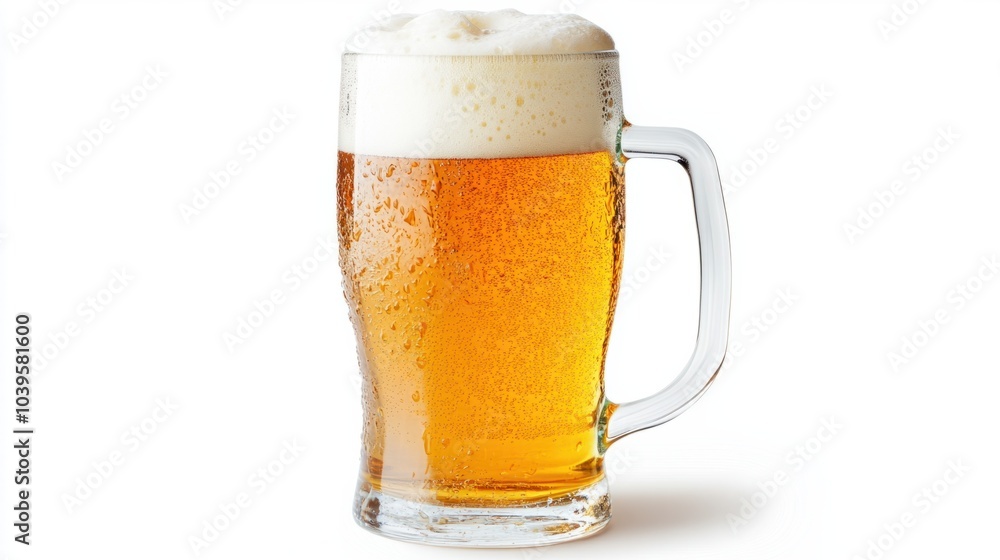 Tall pilsner glass of golden beer with a thick layer of foam, isolated on white background Tall pilsner glass of golden beer with a thick layer of foam, isolated on white background