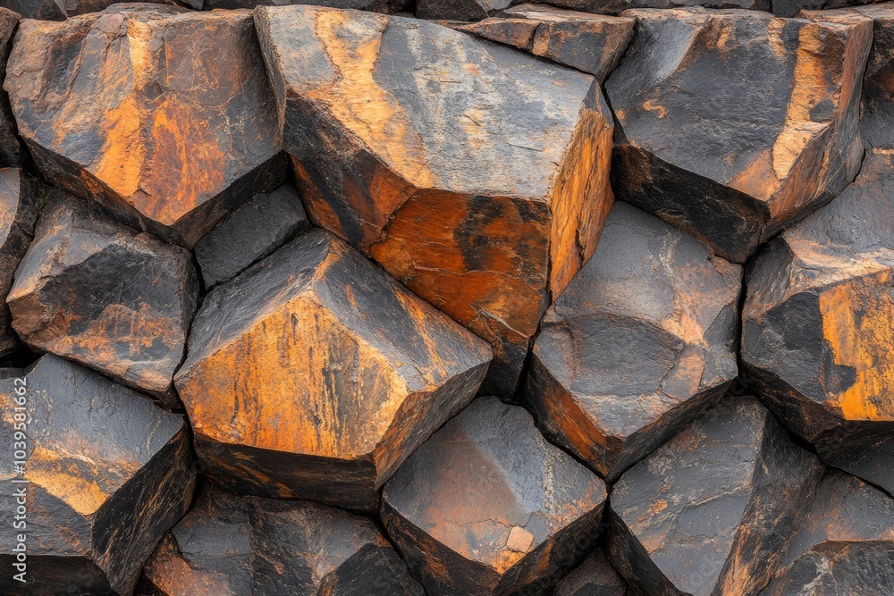 Close-up of a rock formation with a unique texture and color. The rocks are dark with streaks of orange and are arranged in a geometric pattern. Close-up of a rock formation with a unique texture and color. The rocks are dark with streaks of orange and are arranged in a geometric pattern.