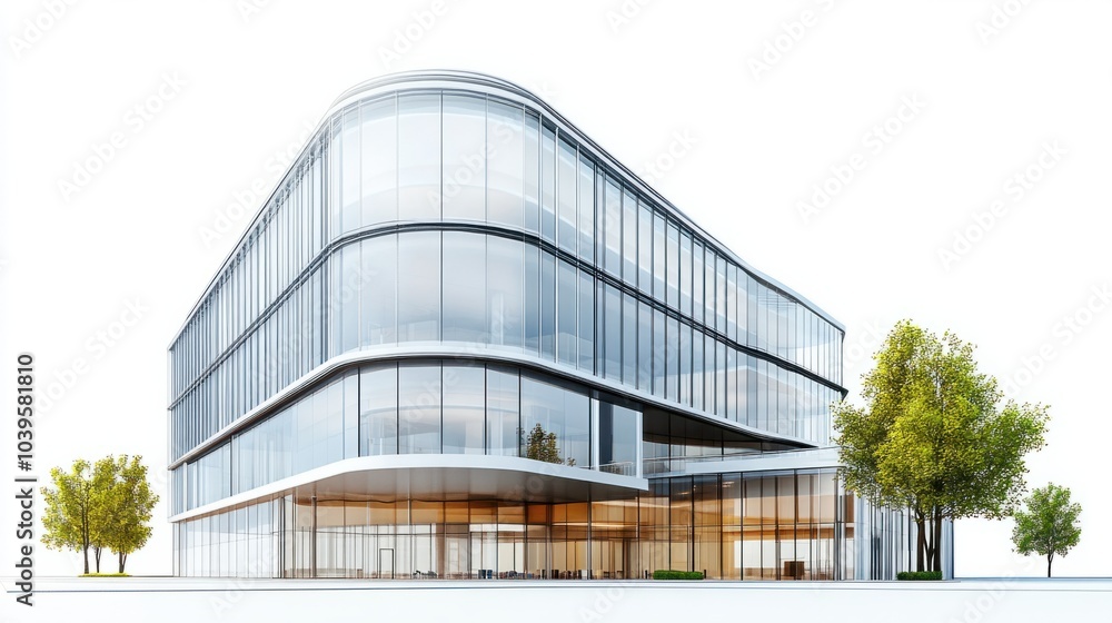 Contemporary corporate building with bold glass architecture and sleek lines, isolated on white background Contemporary corporate building with bold glass architecture and sleek lines, isolated on white background