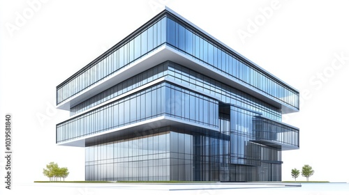 Contemporary corporate building with bold glass architecture and sleek lines, isolated on white background