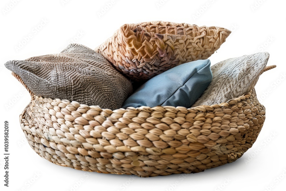 Obraz premium Wicker Basket with Pillows Isolated On White Background