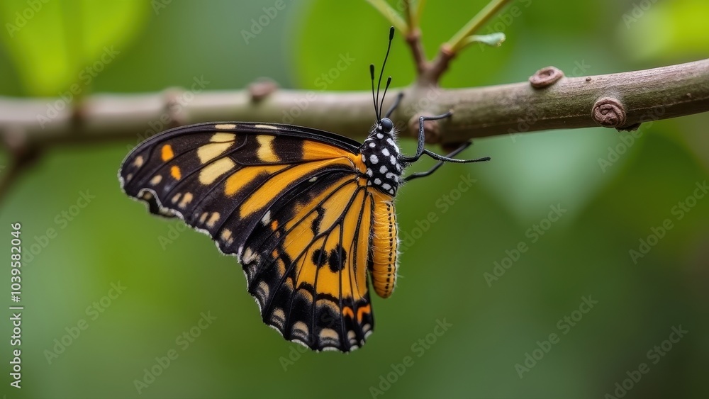 Breathtaking Monarch Butterfly Resting Gracefully on a Branch Amidst Green Leaves Breathtaking Monarch Butterfly Resting Gracefully on a Branch Amidst Green Leaves