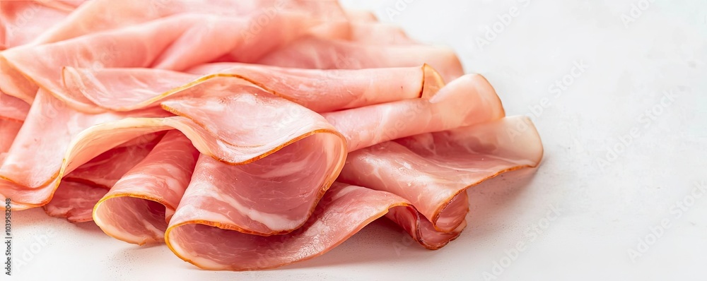 Sliced pink ham, elegantly arranged on a white background. Sliced pink ham, elegantly arranged on a white background.