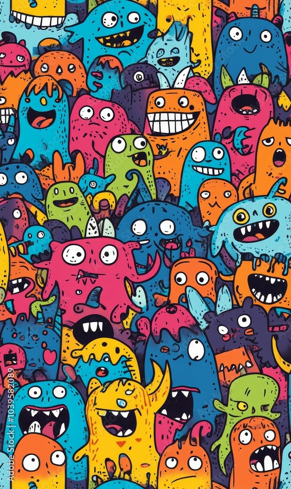 A colorful pattern of cartoon monsters. A colorful pattern of cartoon monsters.