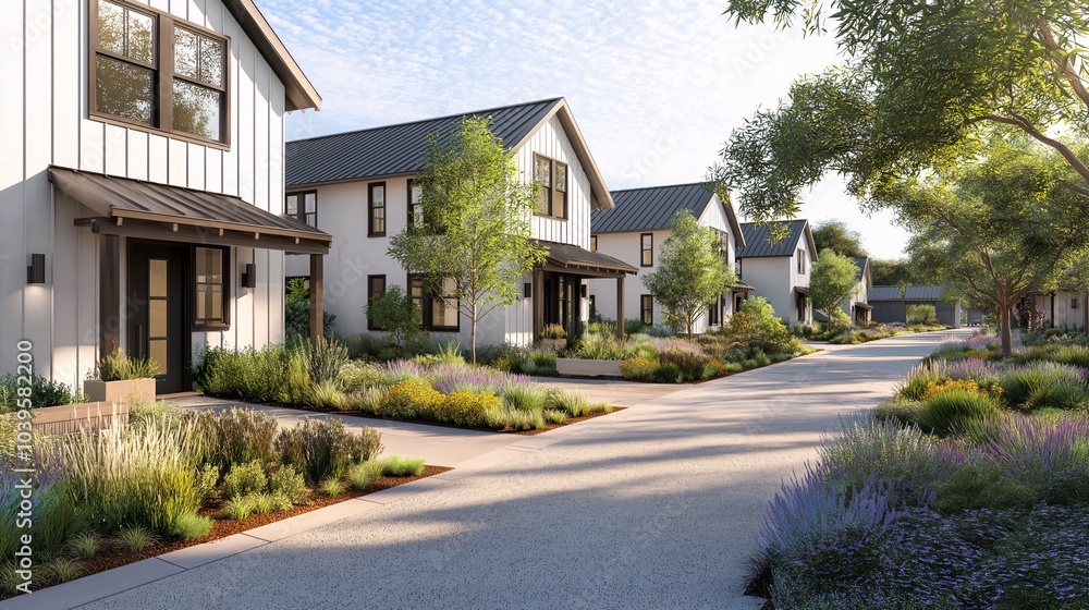 Charming Farmhouse Community: A picturesque row of charming farmhouse-style homes lines a sun-drenched street, showcasing exquisite landscaping and architectural details. Charming Farmhouse Community: A picturesque row of charming farmhouse-style homes lines a sun-drenched street, showcasing exquisite landscaping and architectural details.