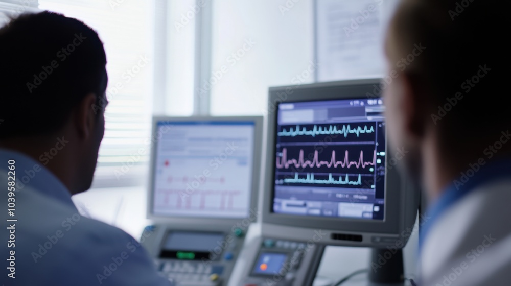 A cardiologist reviewing an ECG result with a patient in a well-equipped examination room, with an ECG machine and heart health charts visible, Analytical style A cardiologist reviewing an ECG result with a patient in a well-equipped examination room, with an ECG machine and heart health charts visible, Analytical style