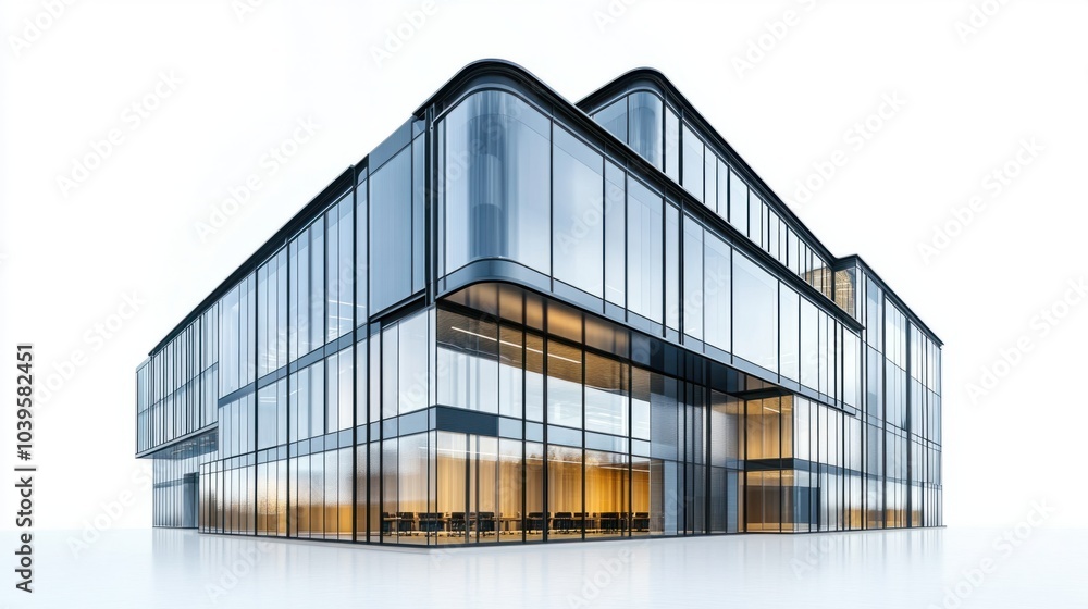 Fototapeta premium Contemporary office complex with modular glass design and reflective windows, isolated on white background