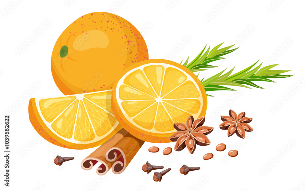 Hot mulled wine ingredients. Orange hole and slice, cinnamon, star anise, cloves Hot mulled wine ingredients. Orange hole and slice, cinnamon, star anise, cloves