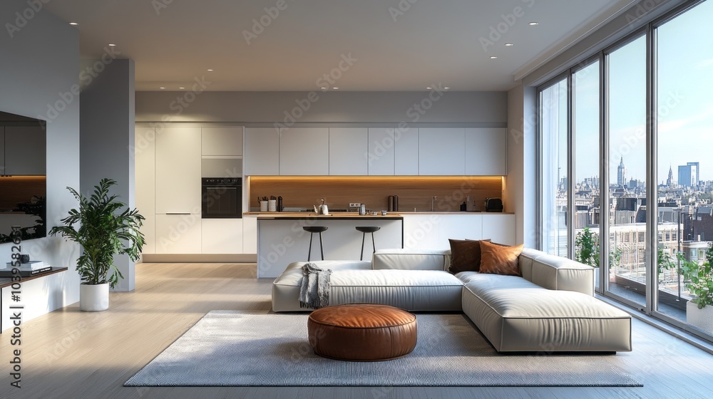 Fototapeta premium A modern living room with a white couch, a potted plant, and a brown ottoman