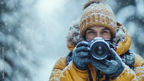 man in winter clothes with a camera taking pictures of winter nature