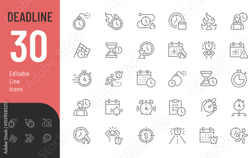 Deadline line Editable Icons set. Vector illustration in modern thin line style of time related icons: alarm, calendar, clock, and more. Pictograms and infographics for mobile apps