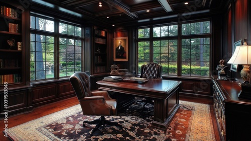 Classic Home Office with Dark Wood Furnishings and a View