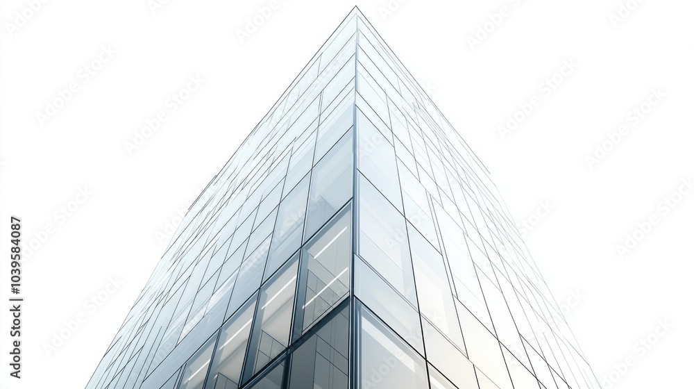 Glass-fronted office tower with clean, straight lines and sharp angles, isolated on white background Glass-fronted office tower with clean, straight lines and sharp angles, isolated on white background