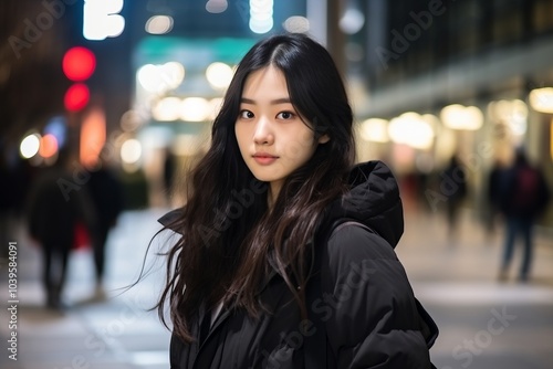 Beautiful young asian woman walking in the city at night.