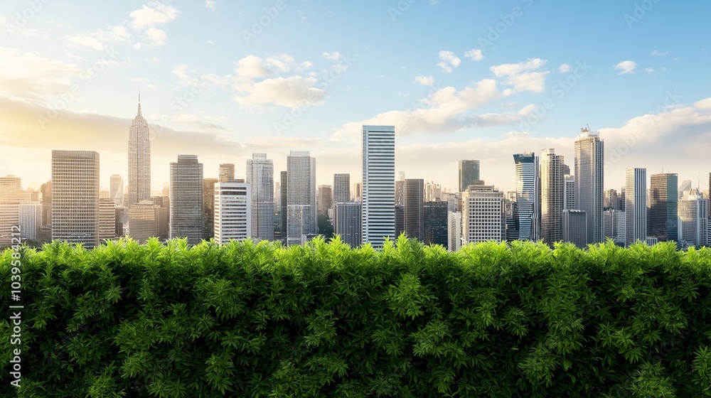 Fototapeta premium Urban Oasis: Lush greenery frames a vibrant cityscape bathed in the golden light of sunrise, symbolizing the harmonious coexistence of nature and urban development.