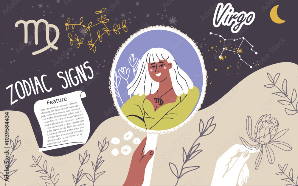Obraz premium Collage, background, zodiac sign Virgo. Modern stylish female character, avatar of astrological horoscope. Girl astrologer, trendy style. Flat hand drawn graphic vector illustration.