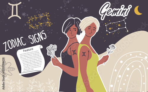 Collage, background, zodiac sign Gemini. Modern stylish female character, avatar of astrological horoscope. Girl astrologer, trendy style. Flat hand drawn graphic vector illustration.