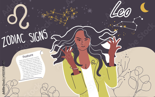 Collage, background, zodiac sign Leo. Modern stylish female character, avatar of astrological horoscope. Girl astrologer, trendy style. Flat hand drawn graphic vector illustration.