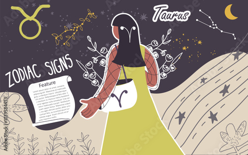 Collage, background, zodiac sign Taurus. Modern stylish female character, avatar of astrological horoscope. Girl astrologer, trendy style. Flat hand drawn graphic vector illustration.