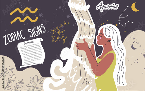 Collage, background, zodiac sign Aquarius. Modern stylish female character, avatar of astrological horoscope. Girl astrologer, trendy style. Flat hand drawn graphic vector illustration.