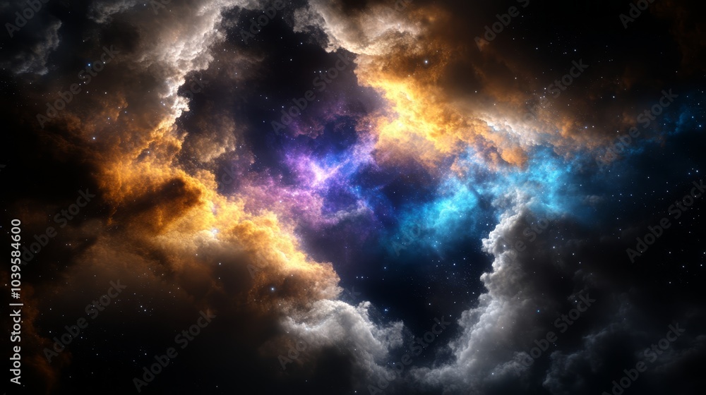 Fototapeta premium A vibrant cloud adorned with stars, featuring a central blue-yellow binary star