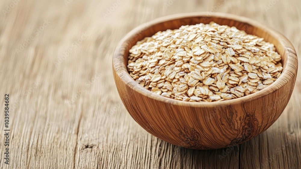 Oats in a wooden bowl on a rustic wooden surface. Oats in a wooden bowl on a rustic wooden surface.