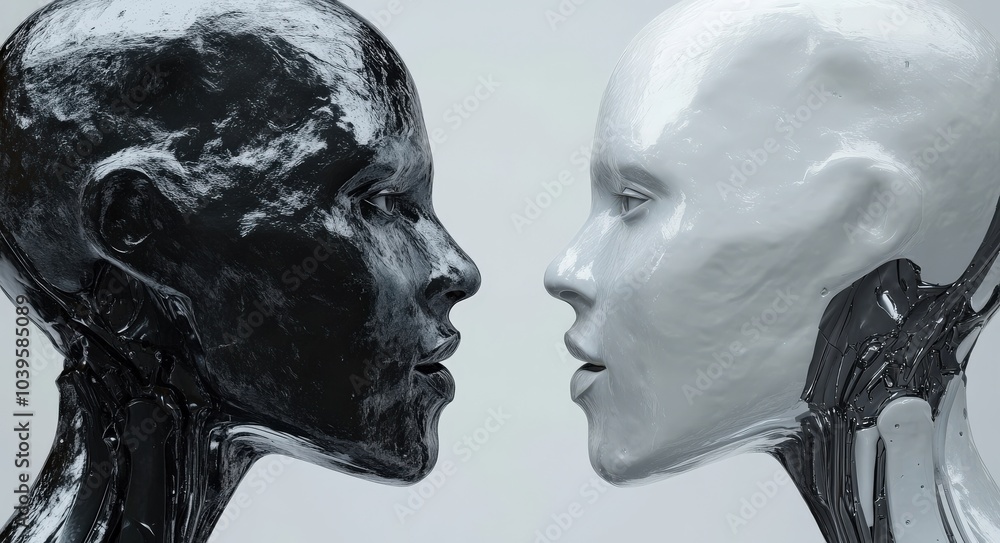 Facing Each Other. Robot and Cyborg Face Off in Futuristic Technology Setting Facing Each Other. Robot and Cyborg Face Off in Futuristic Technology Setting