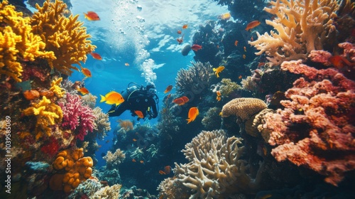 A thrilling scuba diving adventure amidst a lively coral reef, Diving equipment among diverse marine creatures, Underwater exploration style