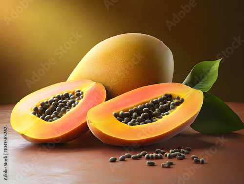 fruta papaya cortada en rodajas fondo de estudio photo