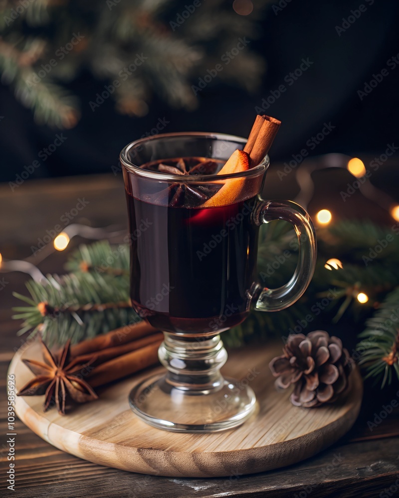 
classic serving of mulled wine with orange slices, spices, on a Christmas background