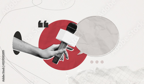 Trendy Halftone Collage Online Broadcasting concept. Hand with Microphone and Speech bubble message. Audio recording of interview. Talking in podcast. Contemporary vector art illustration