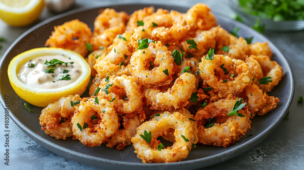 A plate of crispy, golden-fried Calamari, served with a slice of lemon, a side of garlic aioli, and a sprinkle of fresh parsley, capturing the essence of a seaside Greek meal A plate of crispy, golden-fried Calamari, served with a slice of lemon, a side of garlic aioli, and a sprinkle of fresh parsley, capturing the essence of a seaside Greek meal