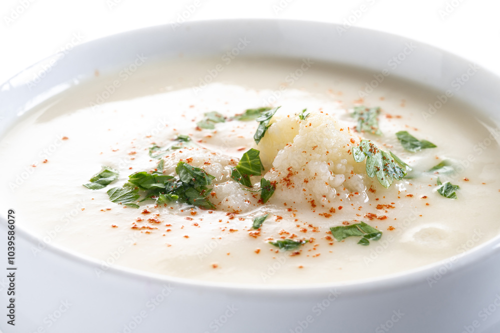 Cauliflower soup in bowl isolated on white background. Cauliflower soup in bowl isolated on white background.