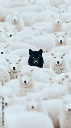 Lobo negro en el centro de rebaño de ovejas blancas
