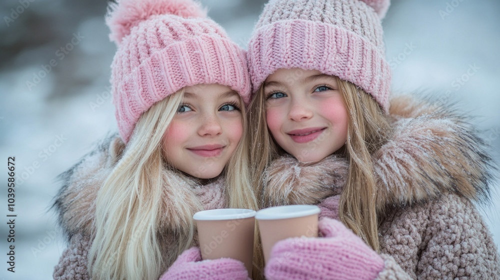 Two young girls wearing pink hats and holding cups of hot chocolate Two young girls wearing pink hats and holding cups of hot chocolate