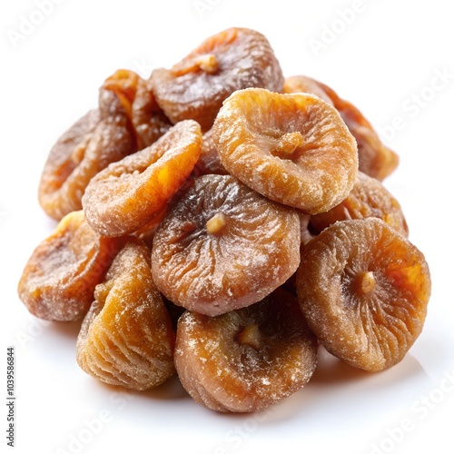 
candied tinger, dried figs stacked in a small pile isolated on a white background