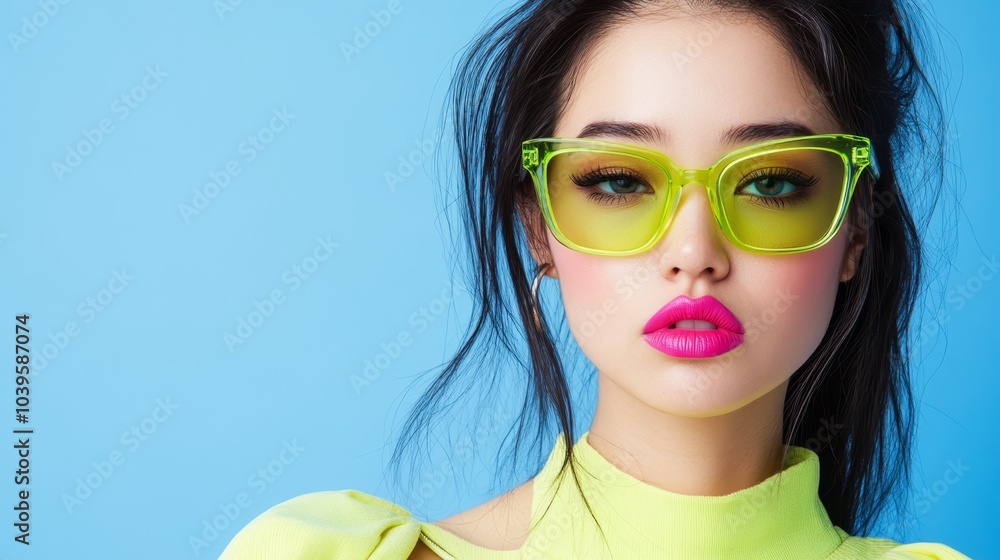 A woman wears neon green glasses and sports a pink lipstick against a blue background Her hair is styled in a single ponytail (Repeated pony was an A woman wears neon green glasses and sports a pink lipstick against a blue background Her hair is styled in a single ponytail (Repeated pony was an