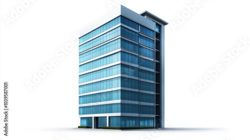 Office skyscraper with steel and glass exterior, sleek modern architecture, isolated on white background